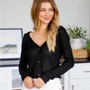 Free People Black Long Sleeve Loose Ribbed Knit Button Placket Cardi Small